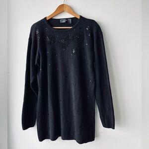 Vintage Liz Wear Sweater Black Beaded Sequin Knit Ramie Cotton Womens Medium